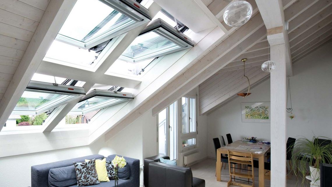 Living room with skylights, which are open