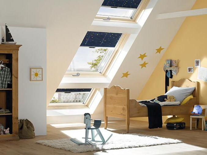 Children's room with three wooden skylights and semi-closed blackout blinds